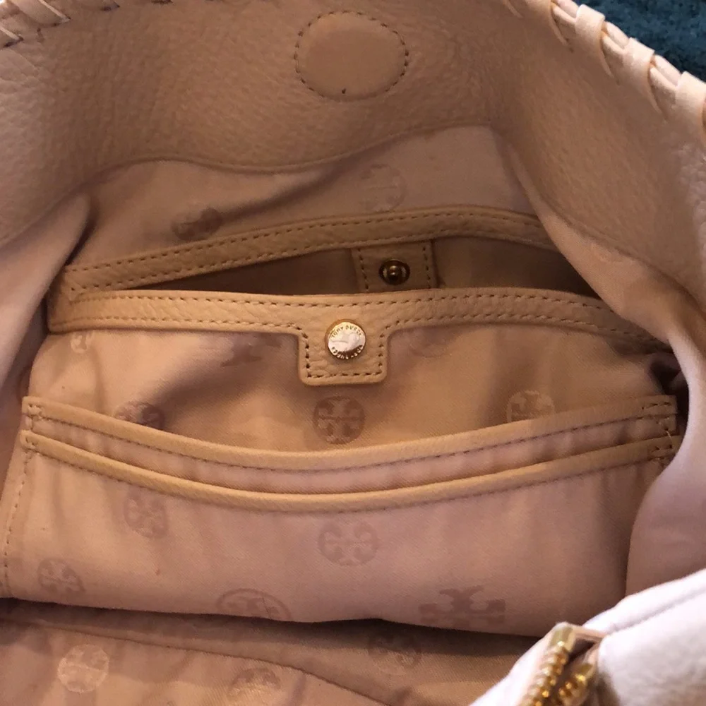 Tory Burch stamped logo, pebbled leather creamy pink braided top & chain handbag